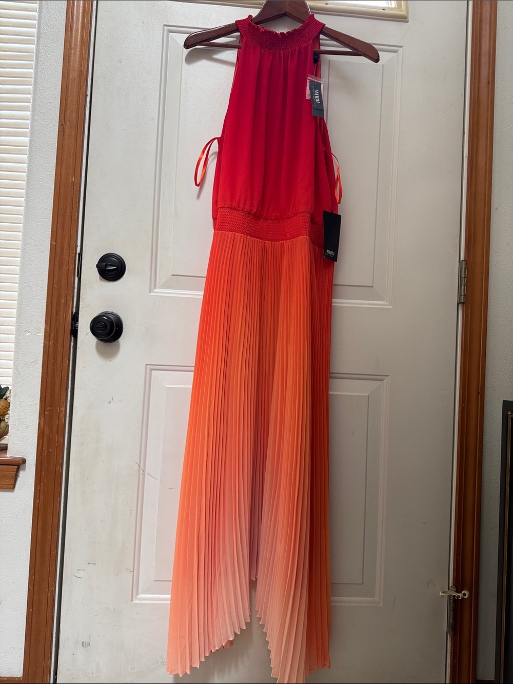 WHITE HOUSE BLACK MARKET Red to Orange Ombre Pleated Halter Maxi Dress.